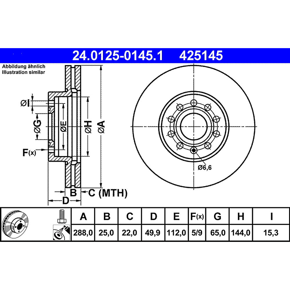 Kočioni disk ATE - Golf 4 prednji 288mm - 24.0125-0145.1