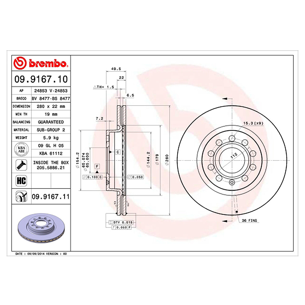 Kočioni disk BREMBO 280mm prednji - 09.9167.11
