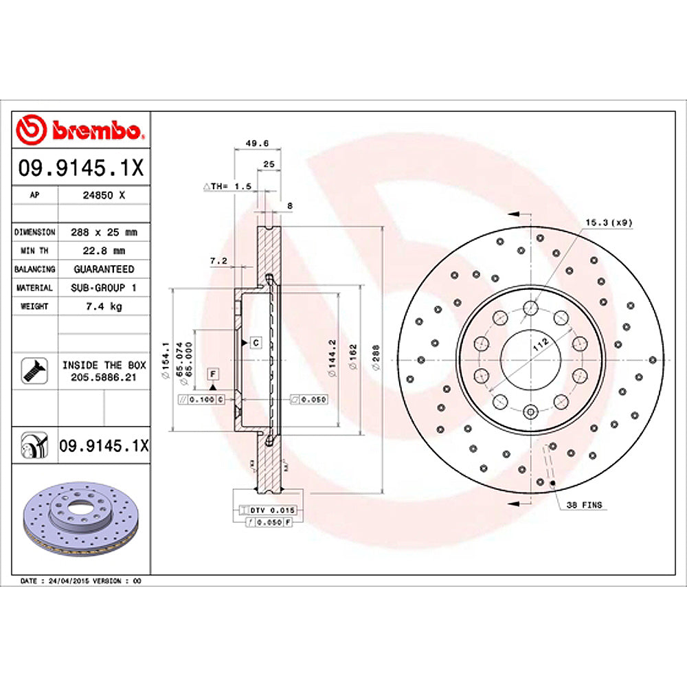 Kočioni disk VW Golf 7 2.0TDI 110kw 288x25mm - Brembo