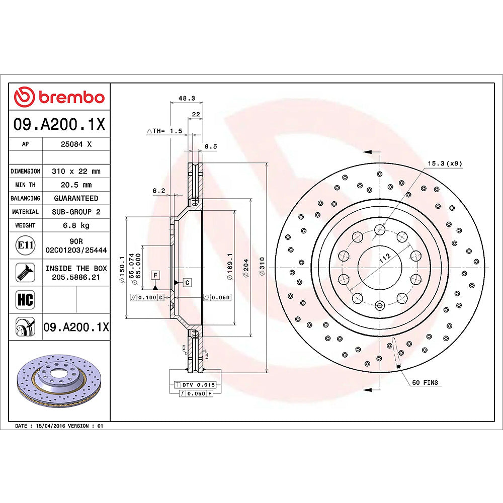 Kočioni disk zadnji VW Golf 8 GTI CS 310x22mm - Brembo