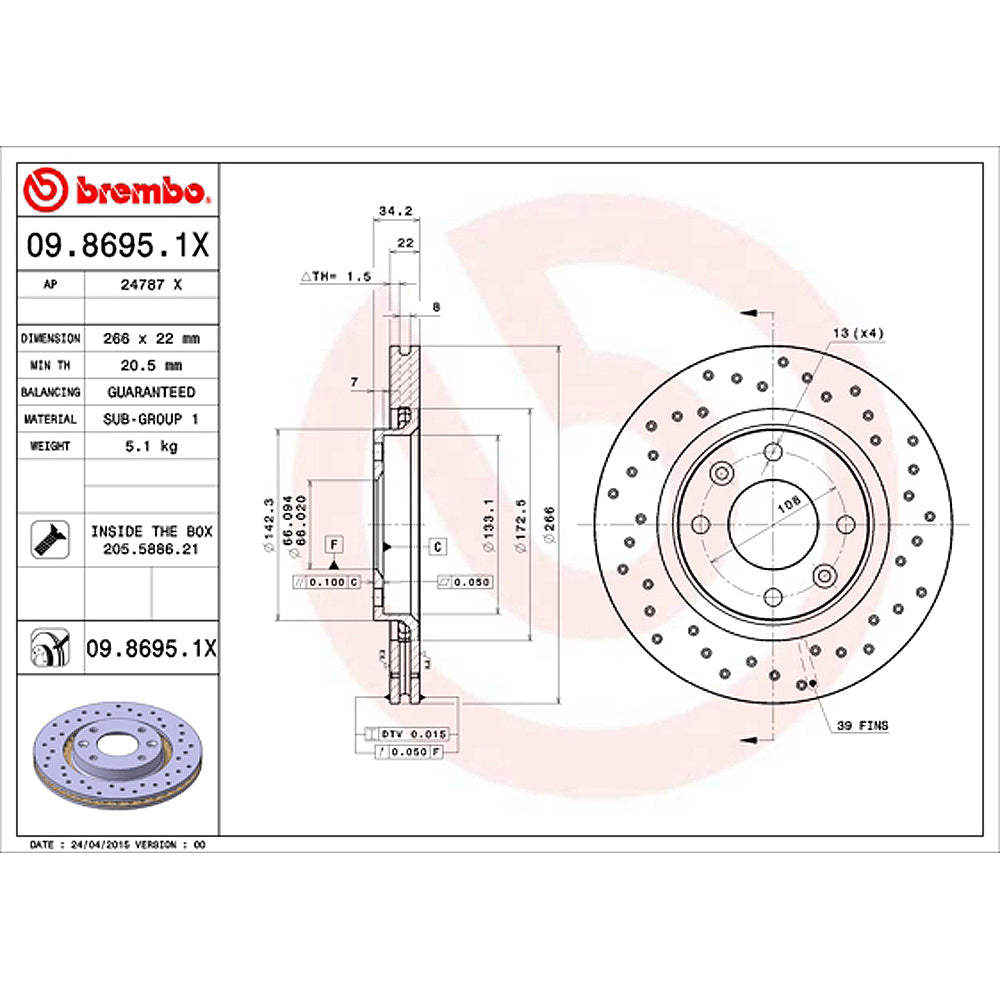 Kočioni disk BREMBO 266mm prednji - 09.8695.1X